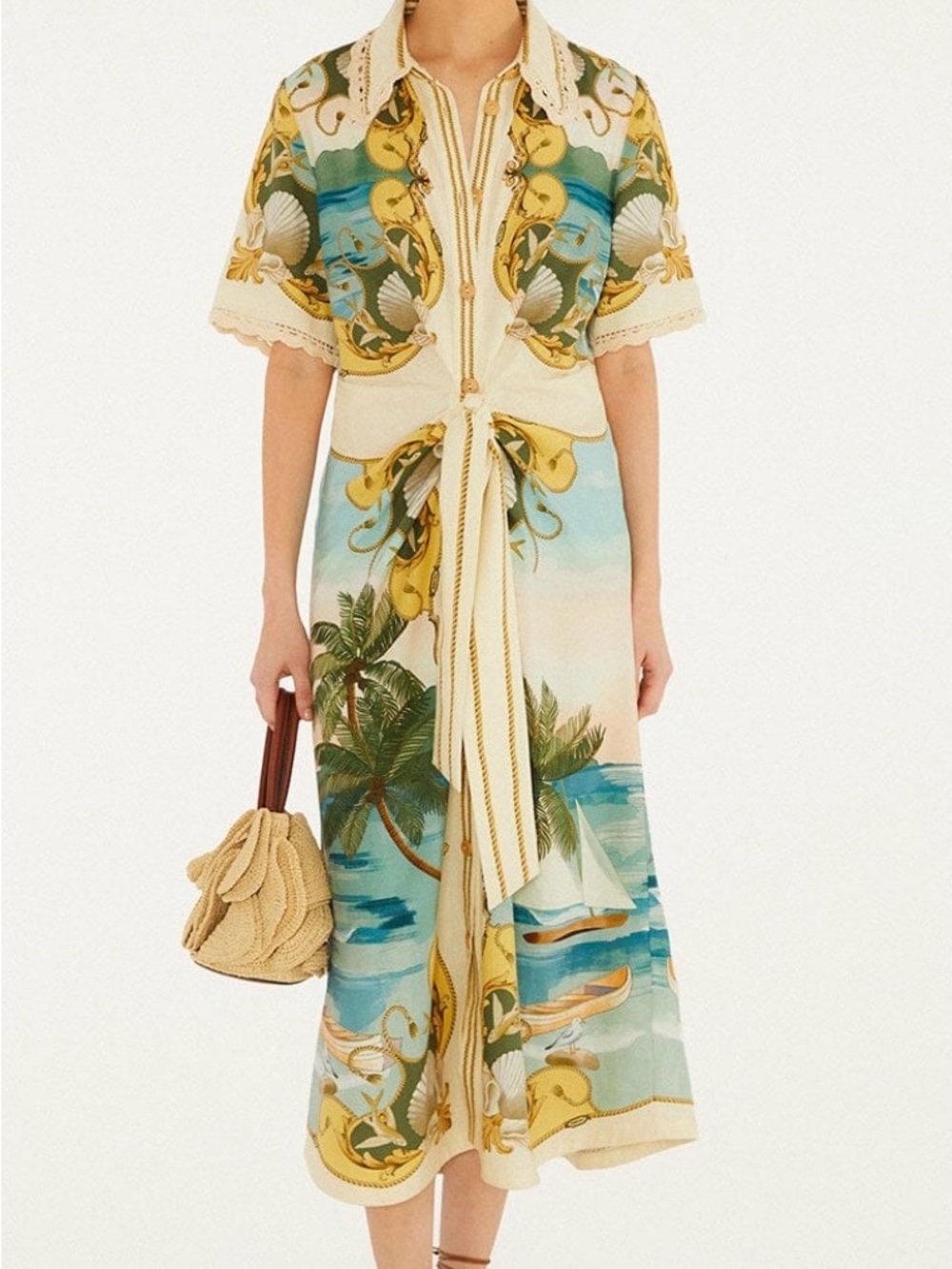FARM Rio Cream, Green & Blue Coastal-Print Tie-Front Midi Dress - Picture 2 of 4